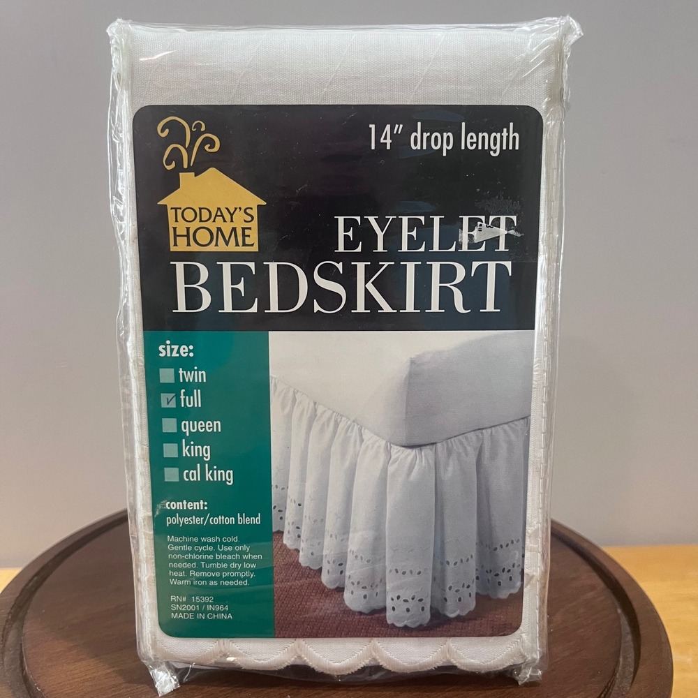 Vtg Todays Home White Eyelet Bedskirt Full Size 14" Drop Cottagecore Ruffle